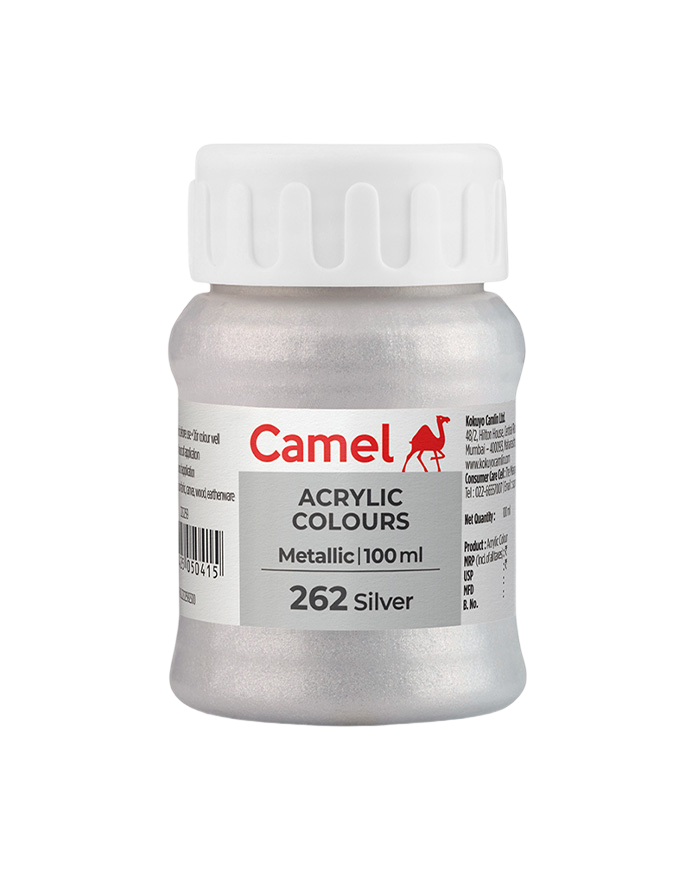 Camel Acrylic Colours Metallic individual bottles. Available in 10ml and 100ml