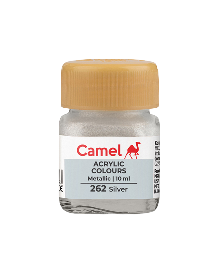 Camel Acrylic Colours Metallic individual bottles. Available in 10ml and 100ml